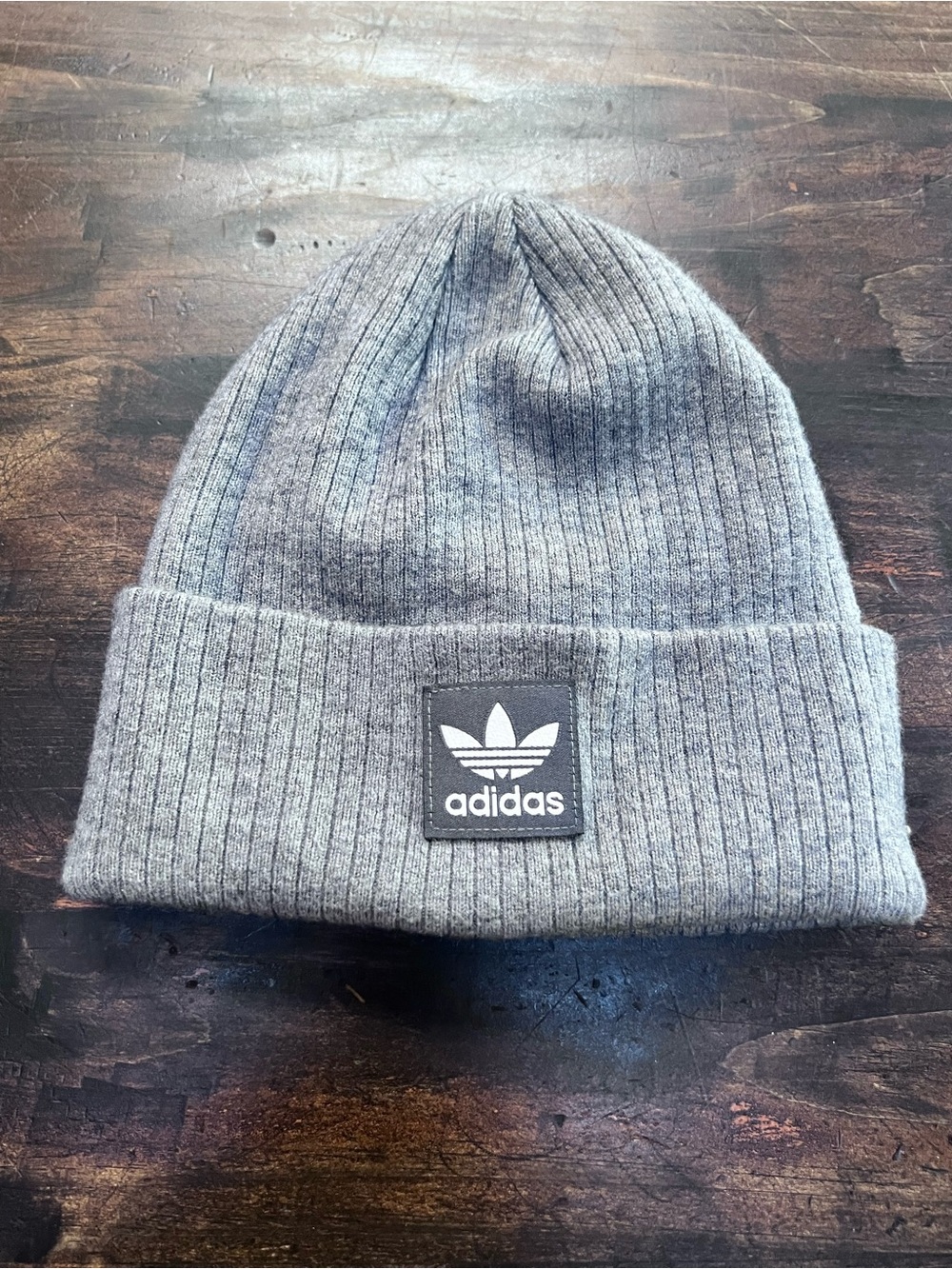 adidas Grey Ribbed Knit Cuffed Beanie with Trefoil Patch